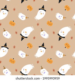 Seamless Pattern For Halloween. Cute Ghosts And Pumpkins On Kraft Beige Background.