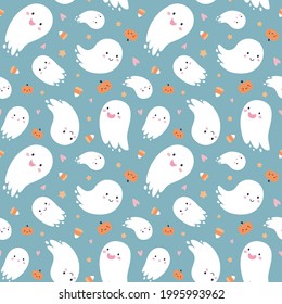 Seamless pattern for Halloween. Cute ghosts, candy corns, and pumpkins on pastel aqua background.