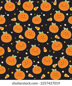 Seamless Pattern of Halloween Cute Jack-o-Lantern with Dots and Candy Corn- Halloween Vector Illustration