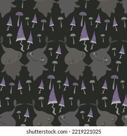 Seamless pattern for halloween pattern. Cute kawaii mandragoras and mashrooms.