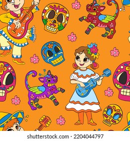 Seamless pattern of halloween with cute mexican kids with guitars on orange background. Vector illustration. Clip art for party, print, linen, design, wallpaper, decor, textile, kids apparel