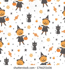 Seamless pattern for Halloween with cute pumpkin, black cat and candy.