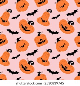 Seamless pattern for Halloween with cute pumpkins. Vector illustration for your design textile, wallpaper, wrapping paper, background etc.