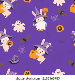 Seamless pattern Halloween. Cute rabbit in witch hat with broom, Pumpkin Jack and funny ghost on purple background with bats and cobweb. Vector illustration. Cute halloween background kids collection