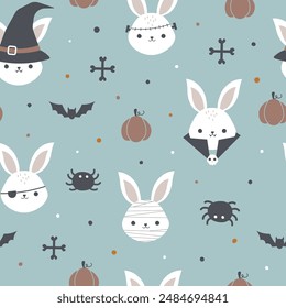 Patrón sin fisuras de Halloween. Lindo conejo con sombrero de bruja, momia, drácula, frankenstein, pirata. Lindo fondo de halloween. Para la tela, textil, Fondo de pantalla, envoltura, diseño de ropa para niños. Vector de dibujos animados