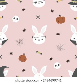 Seamless pattern halloween with cute rabbit in witch hat, mummy, dracula, pirate, frankenstein. Pink background with cobweb, spider, skull, pumpkin jack, candy. Cartoon vector