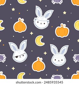 Seamless pattern halloween with cute rabbit. Cute bunny characters dressed up in Halloween costumes as a pirate, mummy, and frankenstein. For textile, fabric, wallpaper, wrapping. Vector illustration