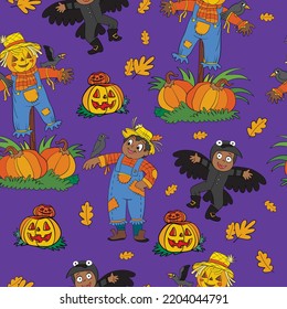 Patrón sin foco de halloween con lindas espantadas y calabazas sobre fondo morado. Ilustración vectorial. Imágenes prediseñadas para la fiesta de halloween, impresión, ropa de cama, diseño, papel pintado, decoración, textiles, prendas de vestir para niños