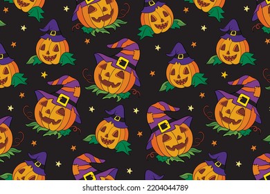 Patrón sin foco de halloween con calabazas sonrientes lindas con sombreros de bruja sobre fondo negro. Ilustración vectorial. Imágenes prediseñadas para fiesta, impresión, ropa de cama, diseño, papel pintado, decoración, textiles, prendas de vestir para niños