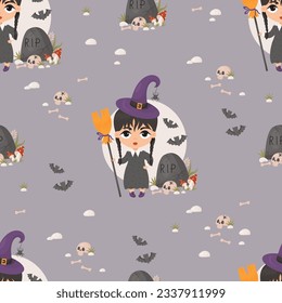 Seamless pattern Halloween. Cute witch gothic girl with braids and broom near grave with skull and bats on gray background. Vector illustration in cartoon style. kids collection