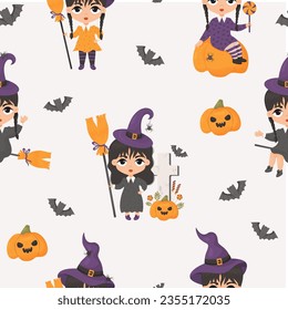 Seamless pattern Halloween. Cute witch girls with braids and broom near grave cross with bats and pumpkin Jack with lollipops on light background. Vector illustration in cartoon style Kids collection
