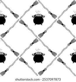 Seamless pattern for Halloween. Decorative backdrop with brooms and cauldrons. Sketch style background for Halloween. Background for websites, packaging, wallpapers, etc.