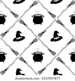 Seamless pattern for Halloween. Decorative backdrop with brooms, hats and cauldrons. Sketch style background for Halloween. Background for websites, packaging, wallpapers, etc.