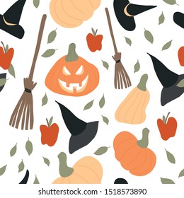 Seamless pattern of Halloween. Design with broom, hat, apples, leaves, and pumpkins. Hand drawn vector illustration.