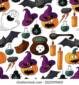 Seamless pattern for Halloween design. Decorative print with cute pumpkins in witch hats and witch accessories