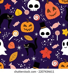 Seamless pattern halloween design with pumpkins, skull, ghost, black cat, leaves and candy