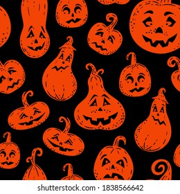 Patrón sin foco para el diseño de Halloween. Silueta de calabazas de halloween naranjas sobre negro. Grandioso como fondo de Halloween, textiles, carteles, papeles pintados, envoltura. Ilustración del vector