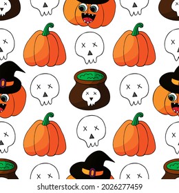 Seamless pattern for Halloween design. Vector illustration in hand draw style. Decorative print with cute pumpkins