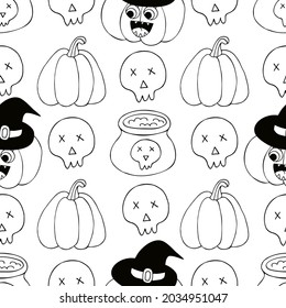 Seamless pattern for Halloween design. Vector illustration in hand draw style. Decorative print with cute pumpkins