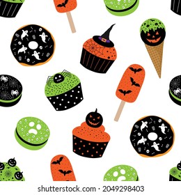 Seamless pattern halloween dessert cupcakes donuts ice cream vector illustration