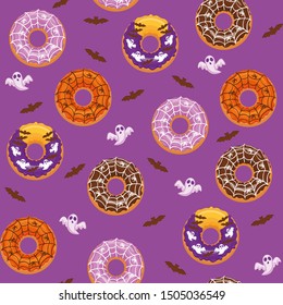 SEAMLESS PATTERN WITH HALLOWEEN DONUTS: SPIDERWEB, MOON, BAT, GHOST