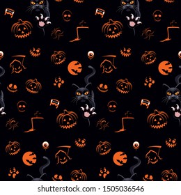SEAMLESS PATTERN WITH HALLOWEEN ELEMENTS AND BLACK CAT