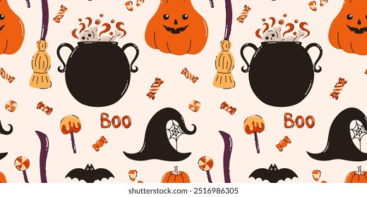 Seamless pattern with Halloween elements. Bones, bat, hat, sweets, pumpkin, cauldron, broom. Flat vector illustration.