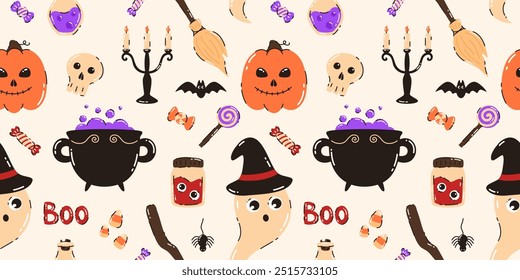 Patrón sin fisuras con Elementos de Halloween. Sombrero de bombín, fantasma, calabaza, velas, dulces, araña, cráneo. Ilustración vectorial plana.