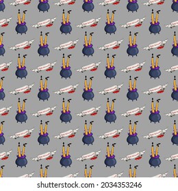 Seamless pattern  Halloween elements. Colorful vector objects on 
gray background. For poster, package, wrapping paper, gift, fabric, wallpaper, textile, banner, advertising, web.