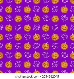 Seamless pattern  Halloween elements. Colorful vector objects on 
purple background. For poster, package, wrapping paper, gift, fabric, wallpaper, textile, banner, advertising, web.