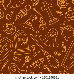 Seamless pattern with halloween elements in contour style. Suitable for wallpaper, wrapping or textile