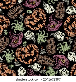 seamless pattern of Halloween elements in dark background.