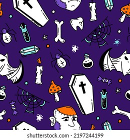 Seamless pattern with Halloween elements Doodle style vector design illustration on purple 