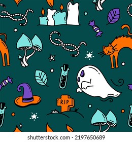 Seamless pattern with Halloween elements Doodle style vector design illustration on dark green