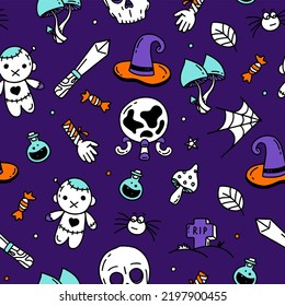 Seamless pattern with Halloween elements Doodle style vector design illustration on purple 