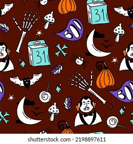 Patrón sin fisuras con elementos de Halloween Estilo de doodle ilustración de diseño vectorial sobre fondo burdeos
