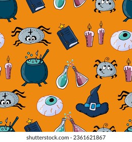 Seamless pattern of Halloween elements - eye, cauldron with potion, flasks with potion, candles, witch hat, spell book, spiders. Vector doodle illustration for packaging, wallpaper, web design