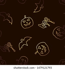 Seamless pattern with halloween elements. Gold background from pumpkins, bats and boo. Holiday concept. Fear and horror. Vector illustration