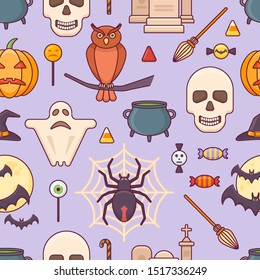 Seamless pattern with Halloween elements on purple background. Vector texture.