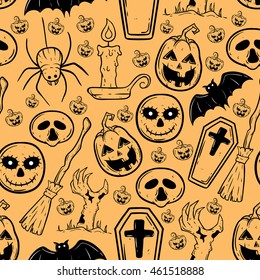 Seamless pattern of halloween elements with pumpkin, bat, coffin, zombie hand and spider