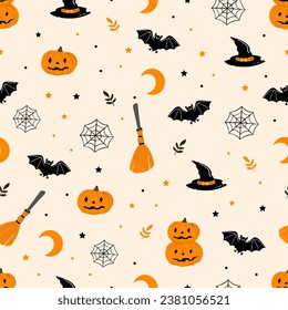 Seamless pattern with halloween elements. Scary pumpkins, bat, witch's broom and hat, web, moon and stars. Spooky doodle texture for design and print. Hand drawn vector illustration