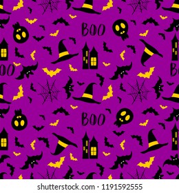 Seamless pattern halloween elements and symbols on black background. Can be used for scrapbook digital paper, textile print, page fill, greeting cards, posters, tags. Vector illustration
