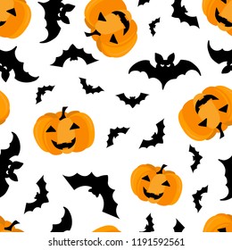 Seamless pattern halloween elements and symbols on black background. Can be used for scrapbook digital paper, textile print, page fill, greeting cards, posters, tags. Vector illustration