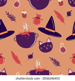 Seamless pattern with Halloween elements, witch hat and pot with potion, black cat, cozy candle, autumn leaves, twigs, autumn cartoon illustration, vector drawing, Print