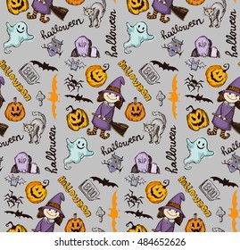 Seamless pattern for Halloween. Endless texture can be used for wallpaper, pattern fills, web page,background,surface. Vector hand drawn doodle illustration.