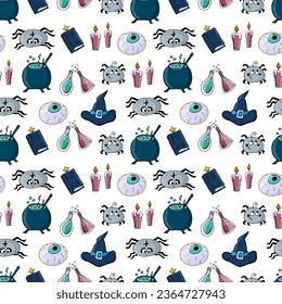 Seamless pattern Halloween - eye, cauldron with potion, flasks with potion, candles, witch hat, spell book, spiders. Vector doodle illustration white background for packaging, wallpaper, web 
