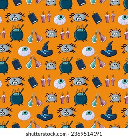 Seamless pattern Halloween - eye, cauldron with potion, flasks with potion, candles, witch hat, spell book, spiders. Vector doodle illustration orange background for packaging, wallpaper, web 
