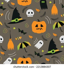 Seamless pattern and Halloween   fall season icons   symbols  Gray background  black   white  gradient green   orange tones  Pumpkin  witch hat   broom  skulls  cute ghost   candy decor  