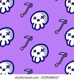 Seamless pattern for Halloween, featuring eerie purple skulls and sickles. This haunting design sets the perfect spooky mood for festive decorations and themed products.