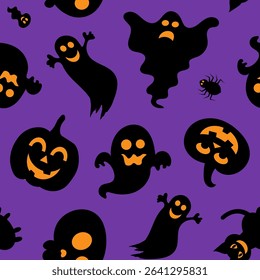 Seamless pattern Halloween featuring ghosts, pumpkins, and spiders on a purple background for festive decoration.